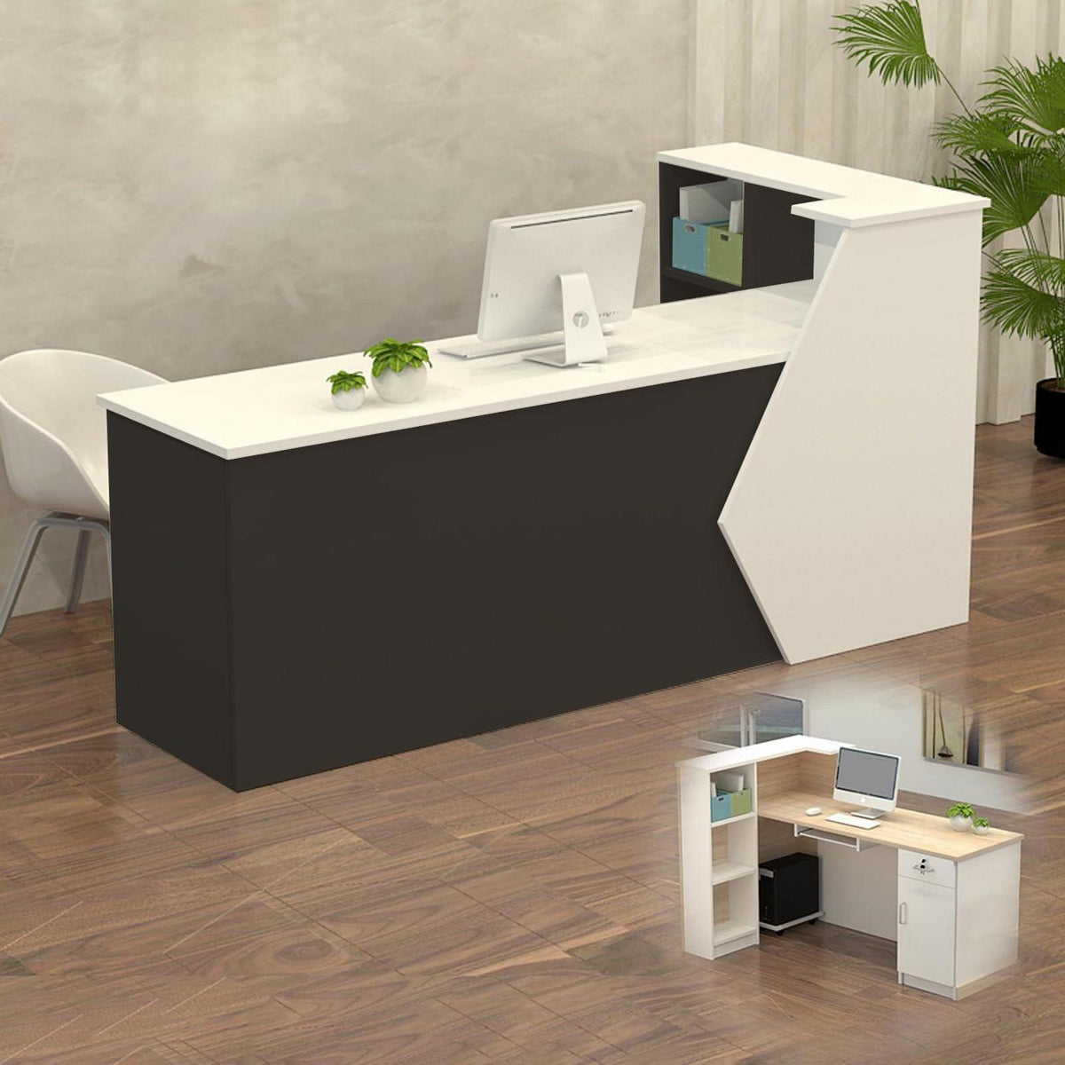 Rezeptionstheke Holz mit Stauraum – 140x60x100cm, Weiß & Schwarz