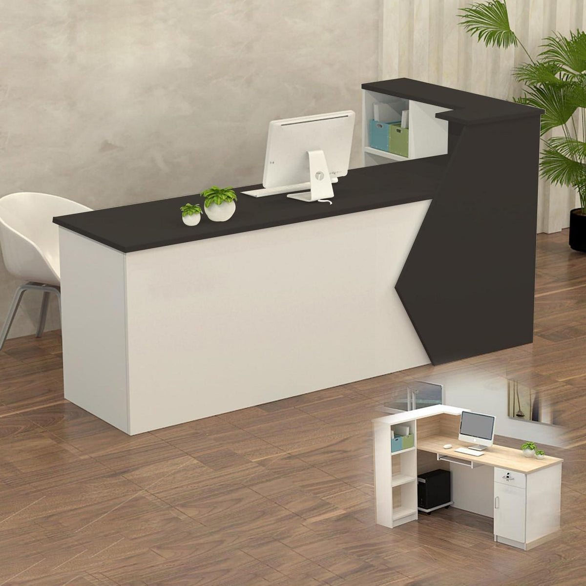Rezeptionstheke Holz mit Stauraum – 150x60x100cm Schwarz Weiß