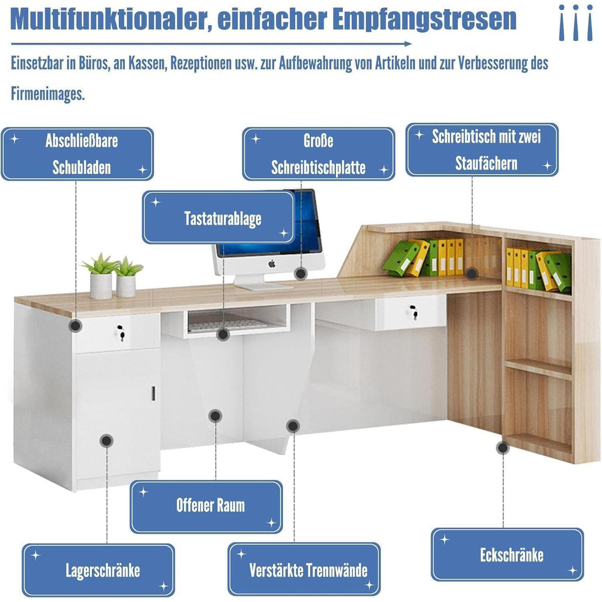 Rezeptionstheke Holz mit Stauraum – 120x60x100cm