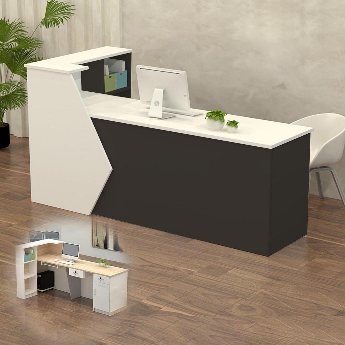 Rezeptionstheke Holz mit Stauraum – 200x60x100cm, Weiß & Schwarz
