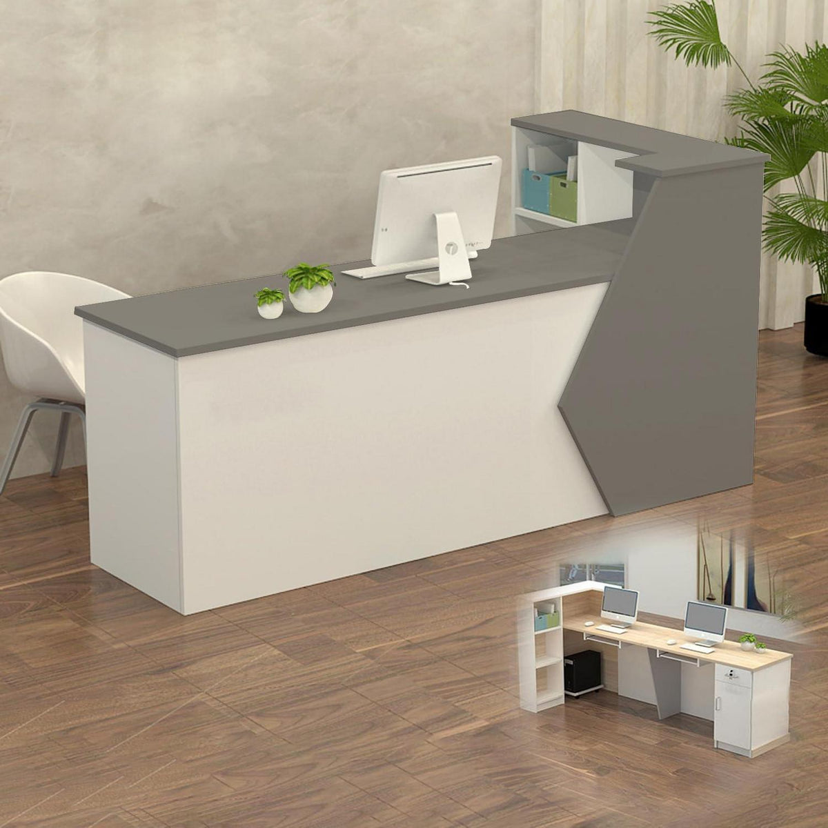Rezeptionstheke Holz Grau Weiß – Langer Kassentisch 260x60x100cm