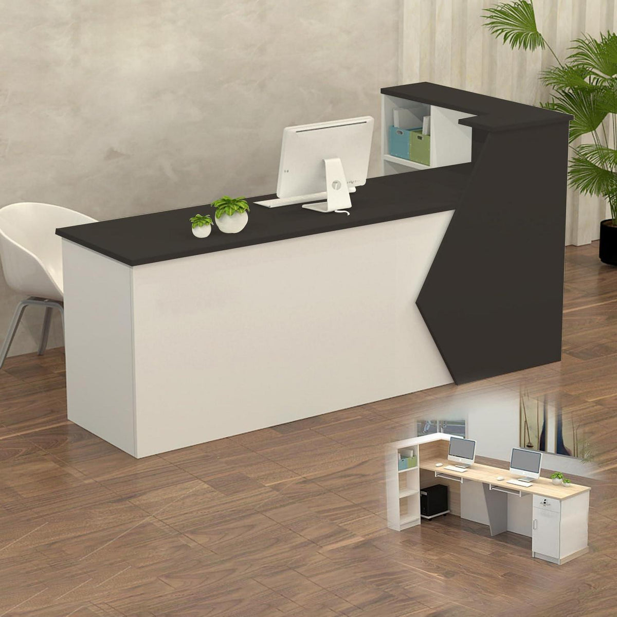 Rezeptionstheke Holz mit Stauraum – 300cm Schwarz Weiß