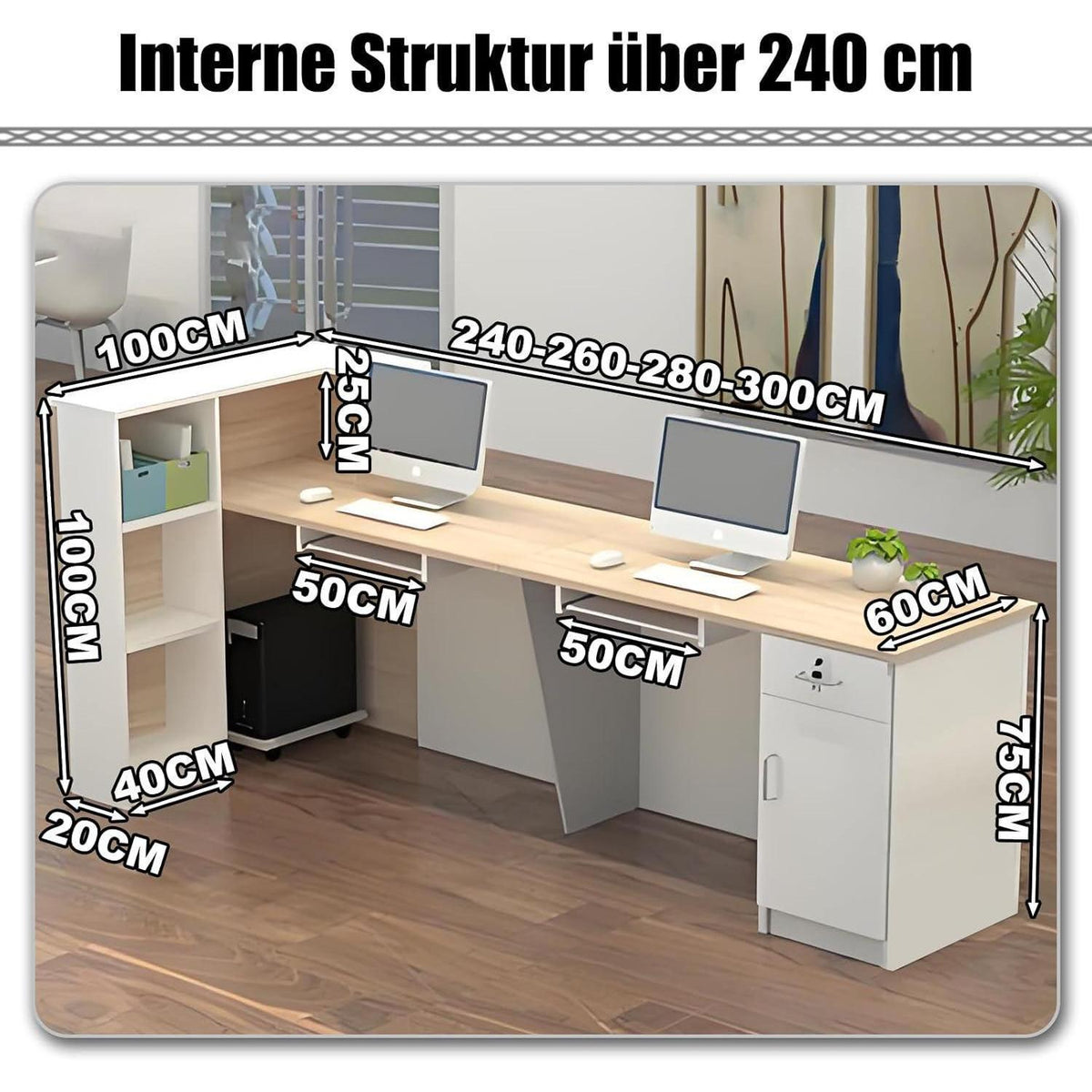 Rezeptionstheke Holz mit Stauraum – 300cm Schwarz Weiß