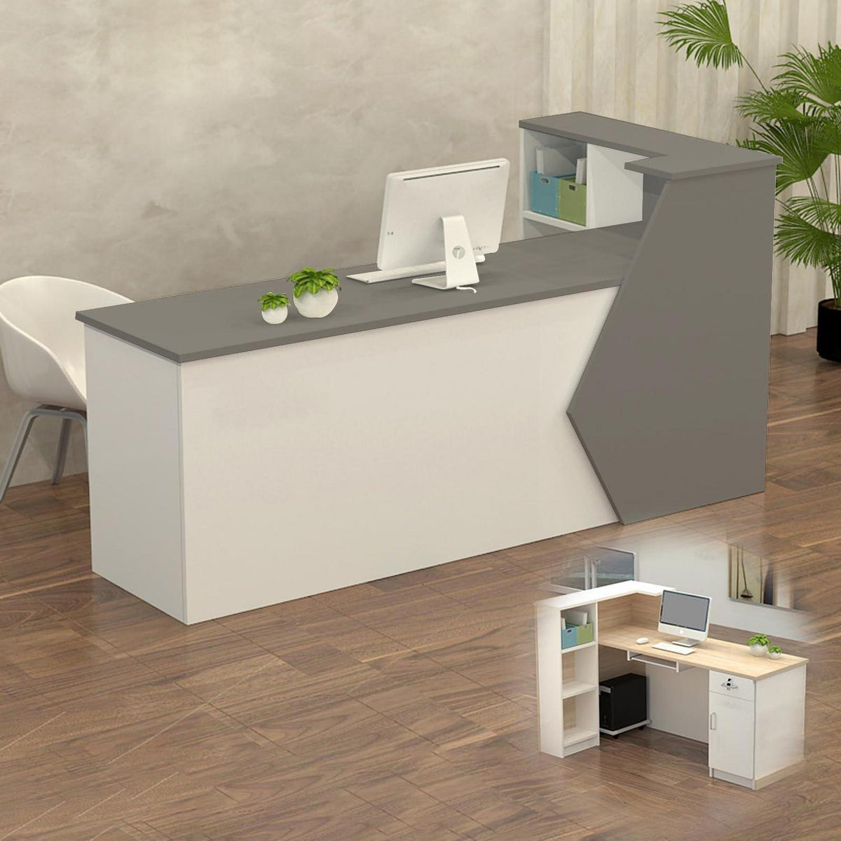 Rezeptionstheke Holz Grau Weiß – 150x60x100cm mit Stauraum