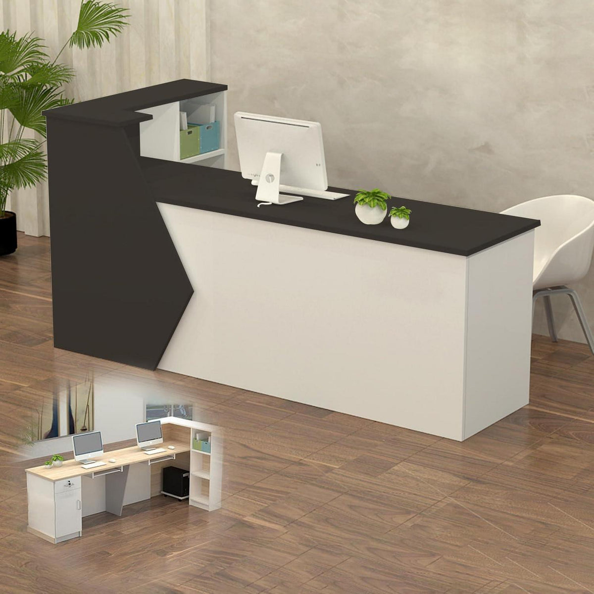 Rezeptionstheke Holz mit Stauraum – Schwarz Weiß 280x60x100cm