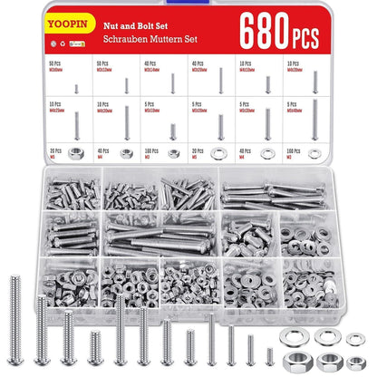Schrauben & Muttern Set 680tlg. M3/M4/M5 Kohlenstoffstahl mit Unterlegscheiben