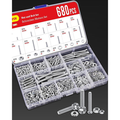 Schrauben & Muttern Set 680tlg. M3/M4/M5 Kohlenstoffstahl mit Unterlegscheiben