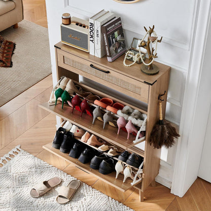 Natürlicher Schuhschrank mit Rattan Schubladen – Schuhregal für Eingangsbereich
