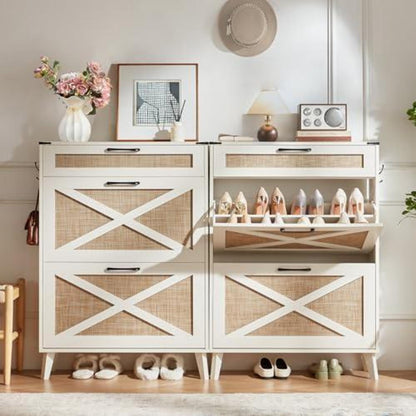 Schmaler Schuhschrank Rattan Weiß – Boho-Landhausstil