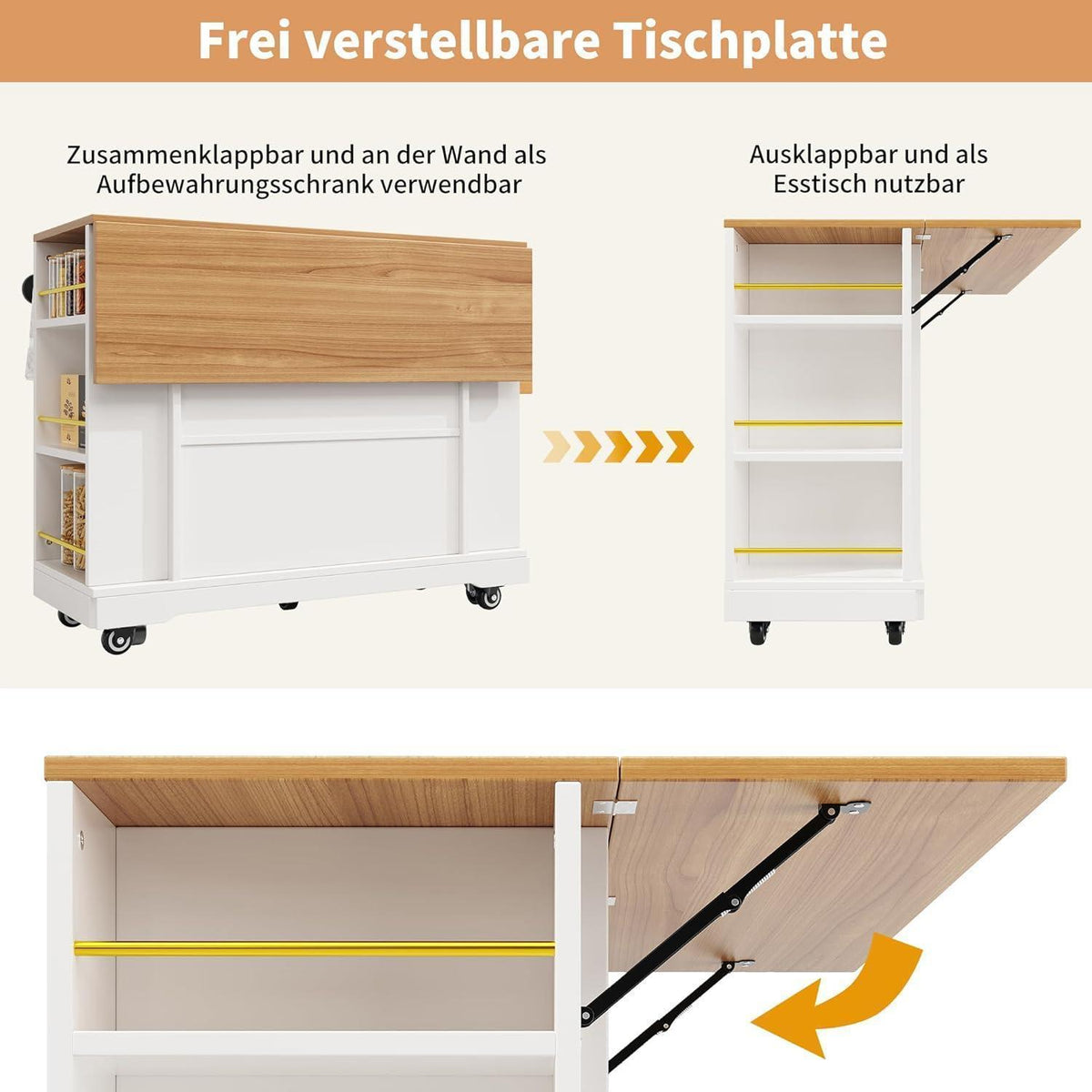 Küchenwagen mit Klappplatte & Schubladen – Weiß