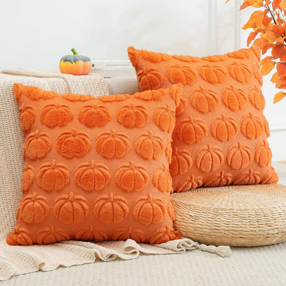 2 Kürbis Kissenbezüge 45x45cm – Herbst Boho Deko Orange