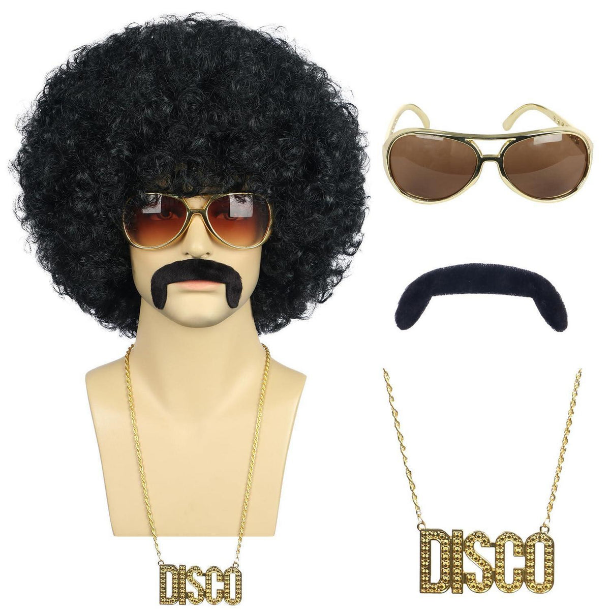 Afro Perücke mit Bart, Brille & Kette – 70er/80er Rocker Look