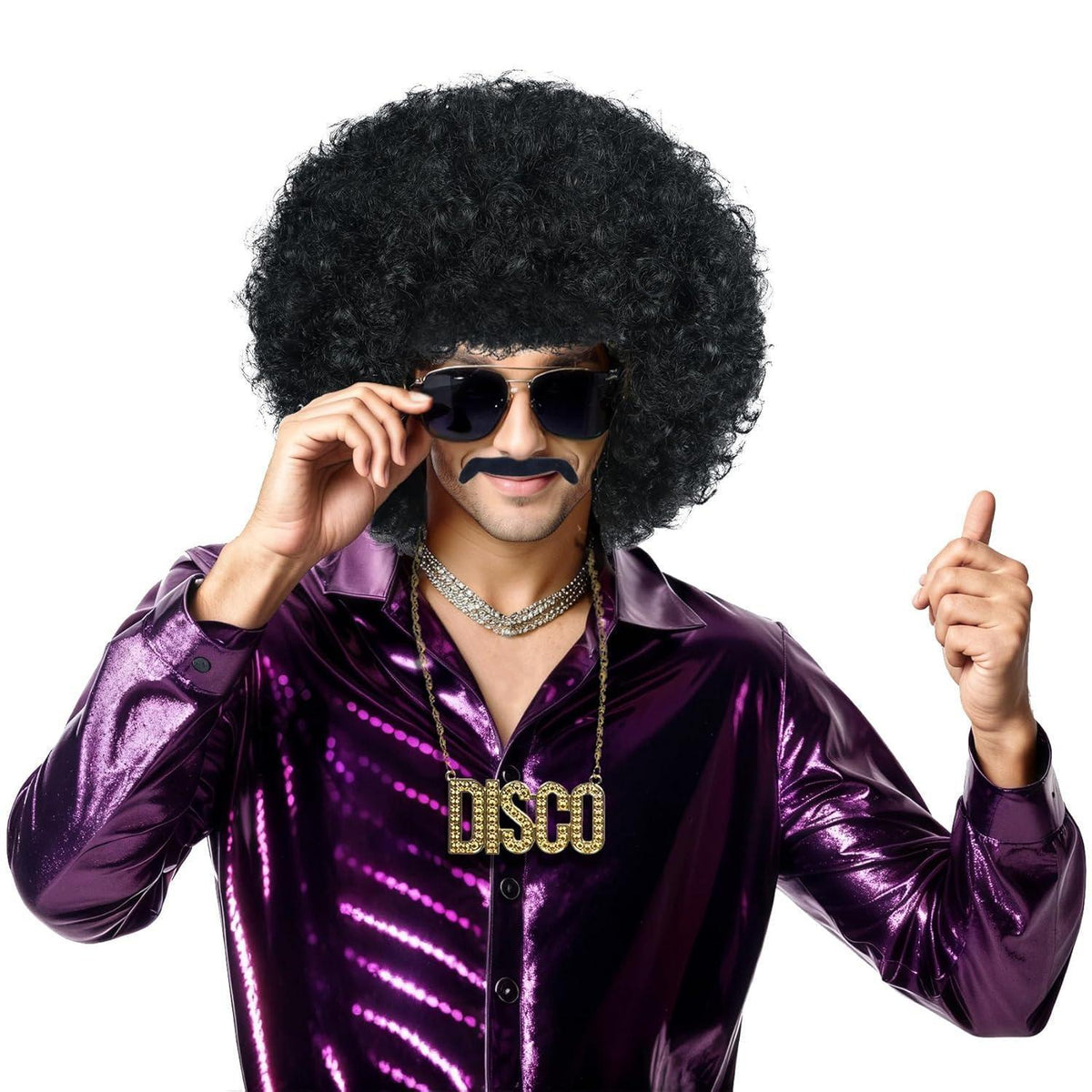 Afro Perücke mit Bart, Brille & Kette – 70er/80er Rocker Look