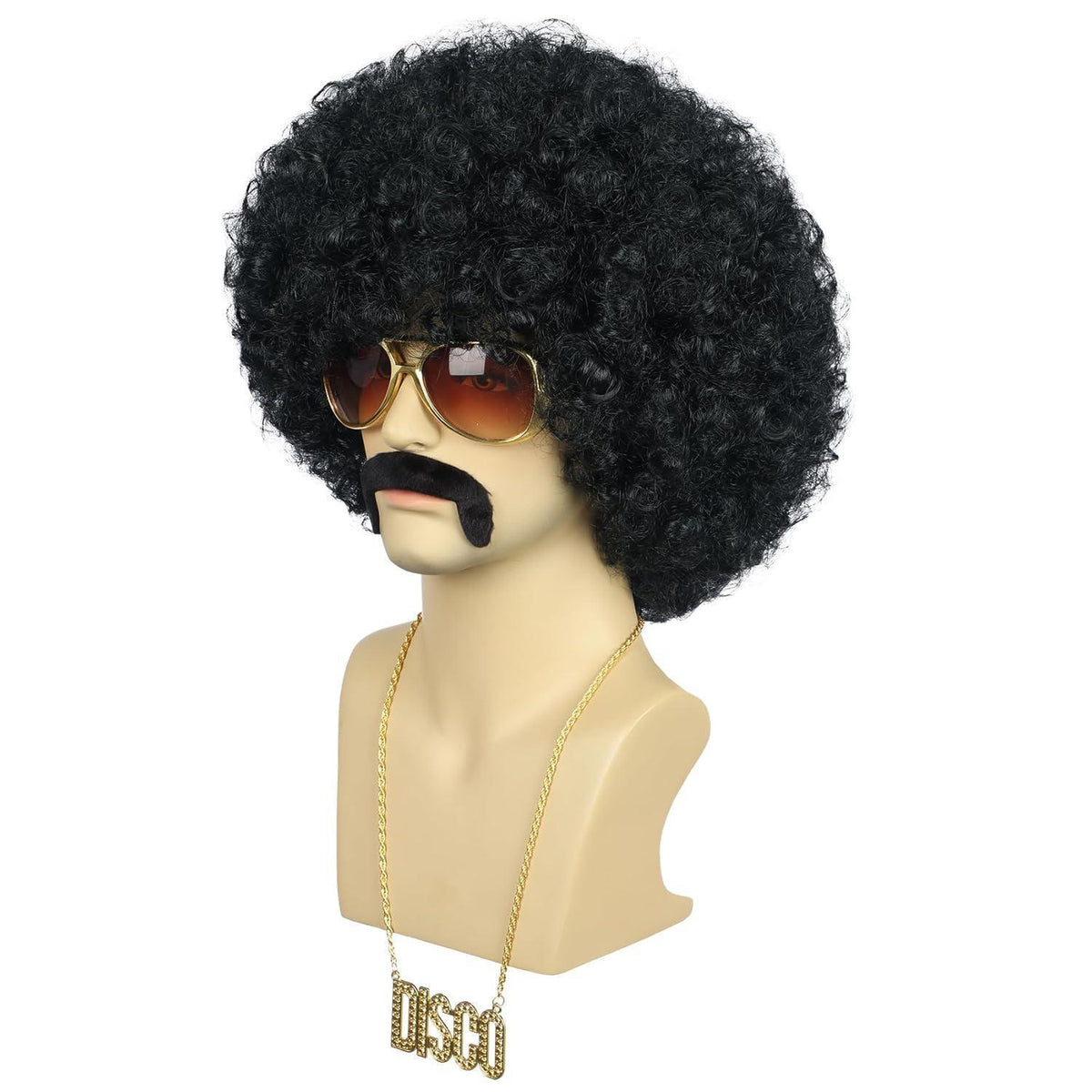 Afro Perücke mit Bart, Brille & Kette – 70er/80er Rocker Look