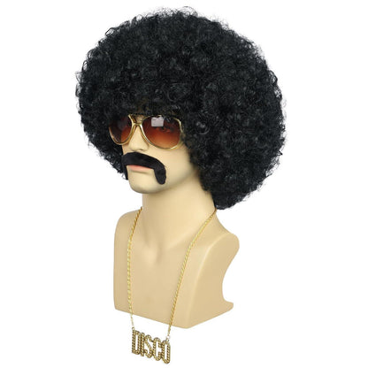 Afro Perücke mit Bart, Brille & Kette – 70er/80er Rocker Look