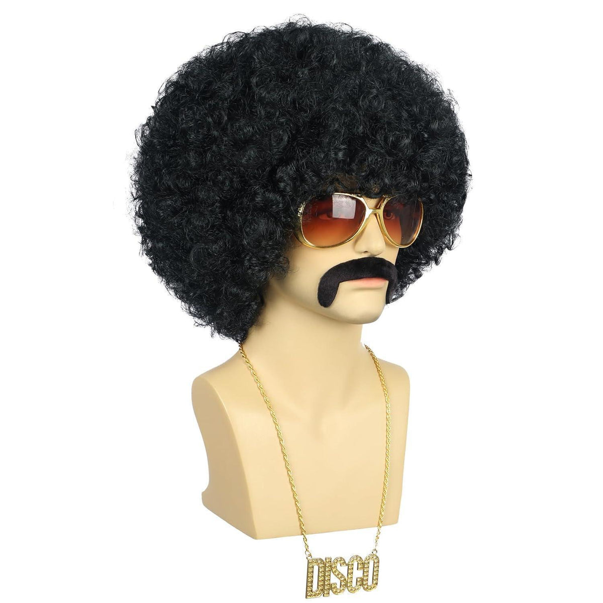 Afro Perücke mit Bart, Brille & Kette – 70er/80er Rocker Look
