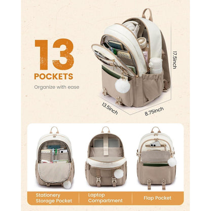 Schulrucksack Mädchen 10-18 Jahre mit Flaschenfach Khaki Beige 15.6"