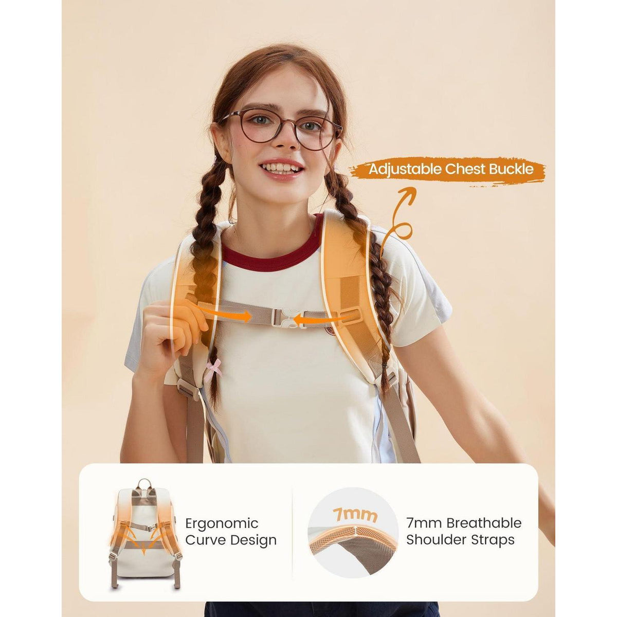 Schulrucksack Mädchen 10-18 Jahre mit Flaschenfach Khaki Beige 15.6"