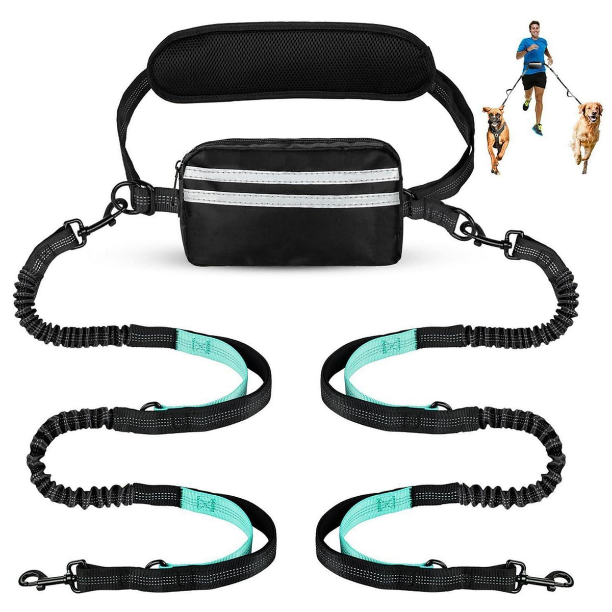 Freihändige Hundeleine für 2 Hunde mit Tasche & Reflektoren