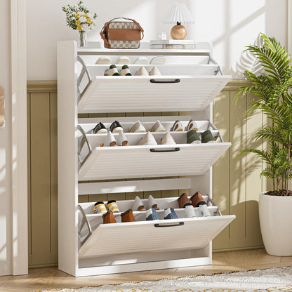 Schmaler Schuhschrank mit Lamellentür – Weiß, 80x24x120 cm