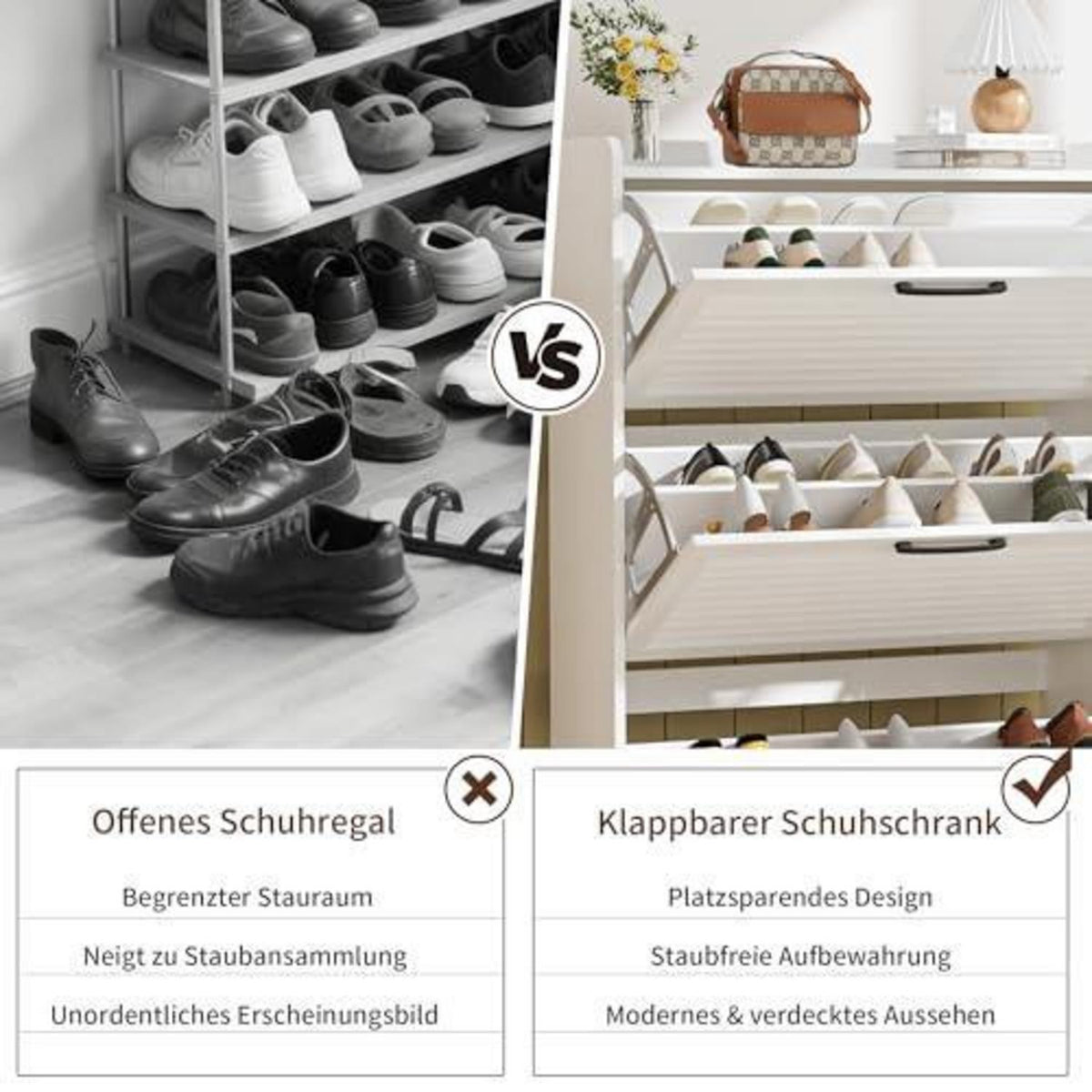 Schmaler Schuhschrank mit Lamellentür – Weiß, 80x24x120 cm