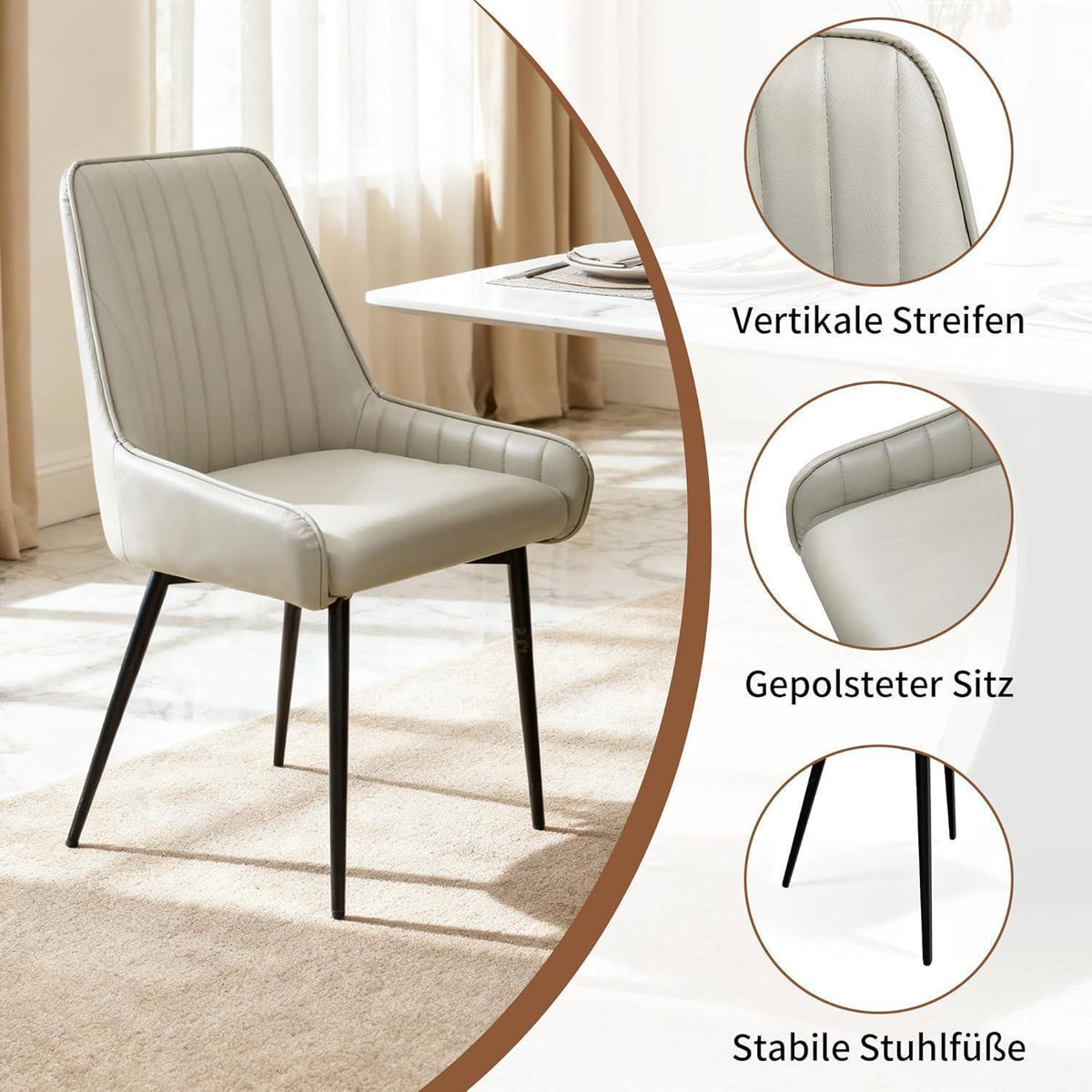 Esszimmerstühle 2er Set Taupe |, Armlehnen & Metallbeine in Lederoptik