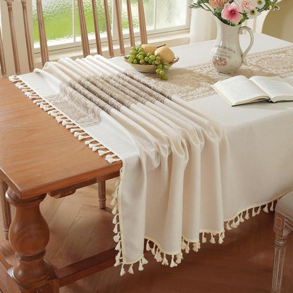 Baumwoll-Leinen Tischdecke Rechteckig mit Quasten (Weiß, 140x300 cm)