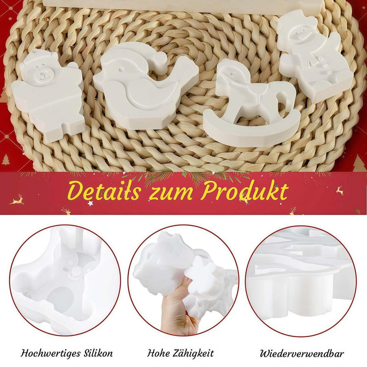7x Silikonform Weihnachten: Weihnachtsmann, Elch, Schneemann