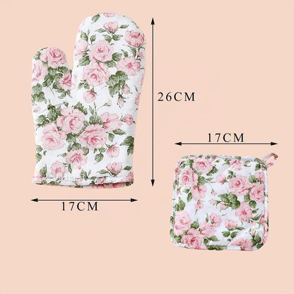 Ofenhandschuhe & Topflappen Set Rosa Blume Baumwolle