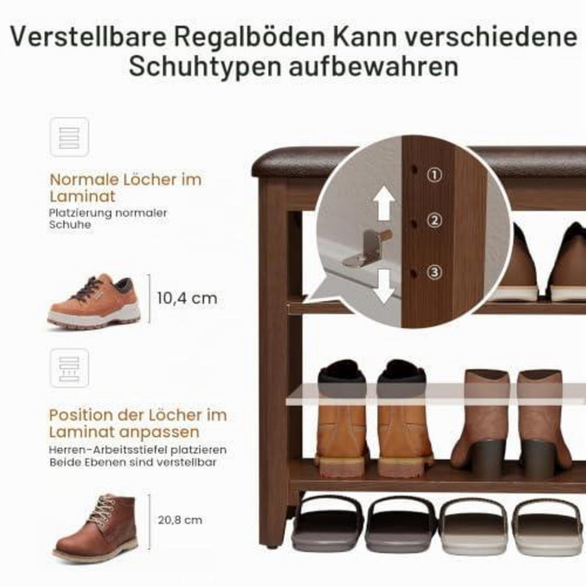 Schuhregal Bank mit Kissen, Walnuss, 60cm