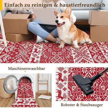 Weihnachts Teppich 200x300 cm – Roter Kurzflor Wohnzimmerteppich