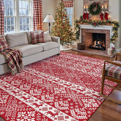 Weihnachts Teppich 200x300 cm – Roter Kurzflor Wohnzimmerteppich