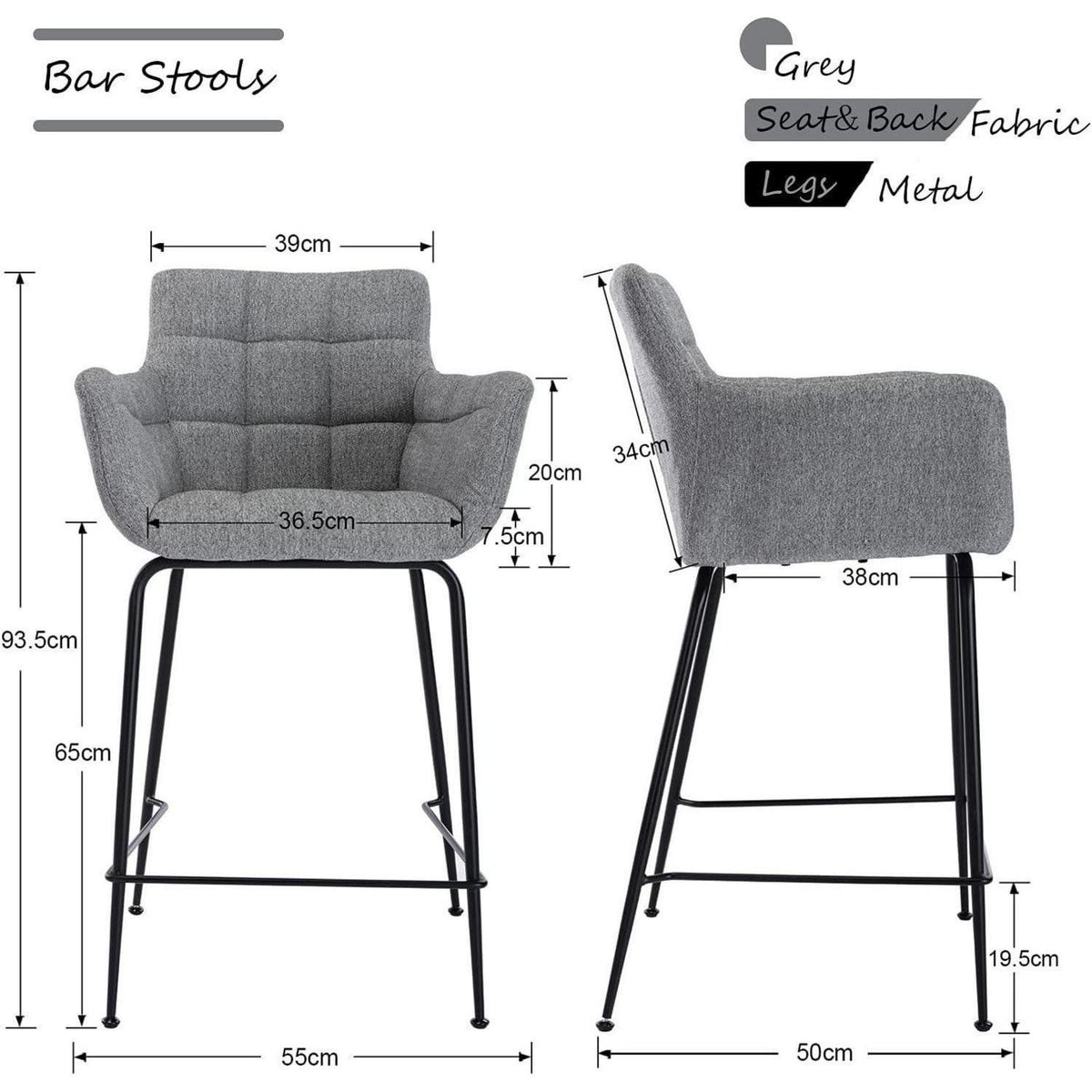 Moderner Barhocker 2er Set mit Frottee & Metallfüßen Grau