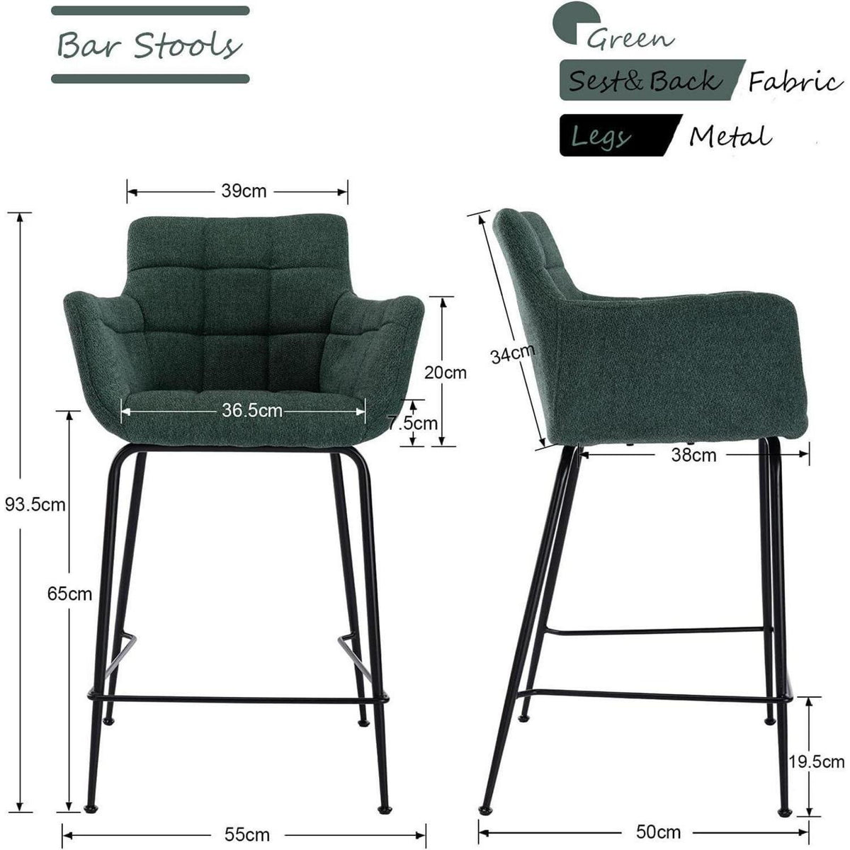 Moderner Barhocker 2er Set mit Frottee & Metallfüßen, Grün