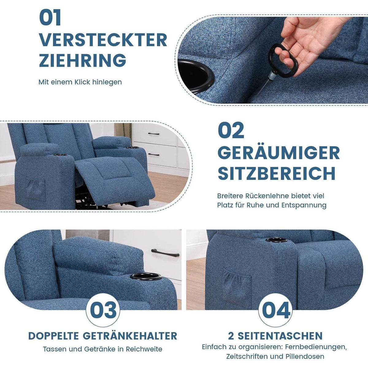 Relaxsessel mit Liegefunktion & Fußstütze – Drehbar, Blau