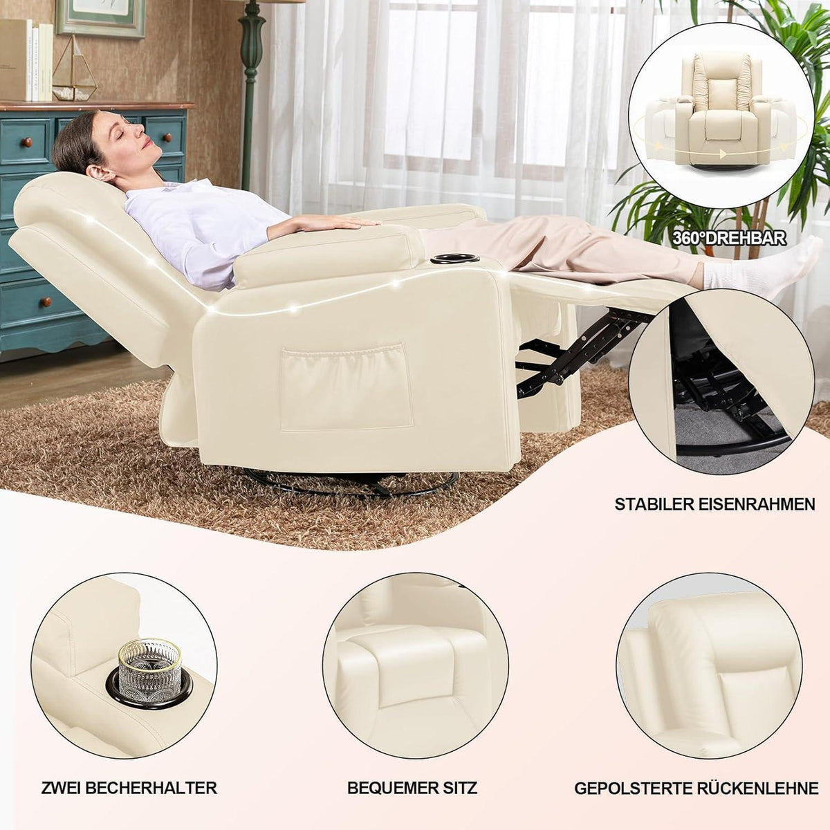 Relaxsessel mit Liegefunktion & Fußstütze – 360° Drehbar, Weiß