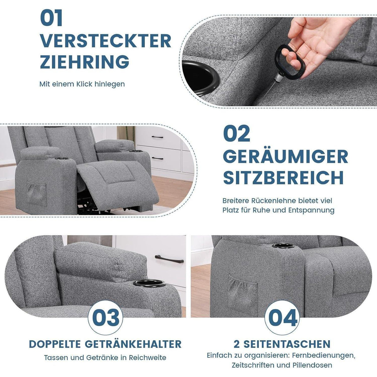 Relaxsessel mit Liegefunktion & Fußstütze – Dunkelgrau