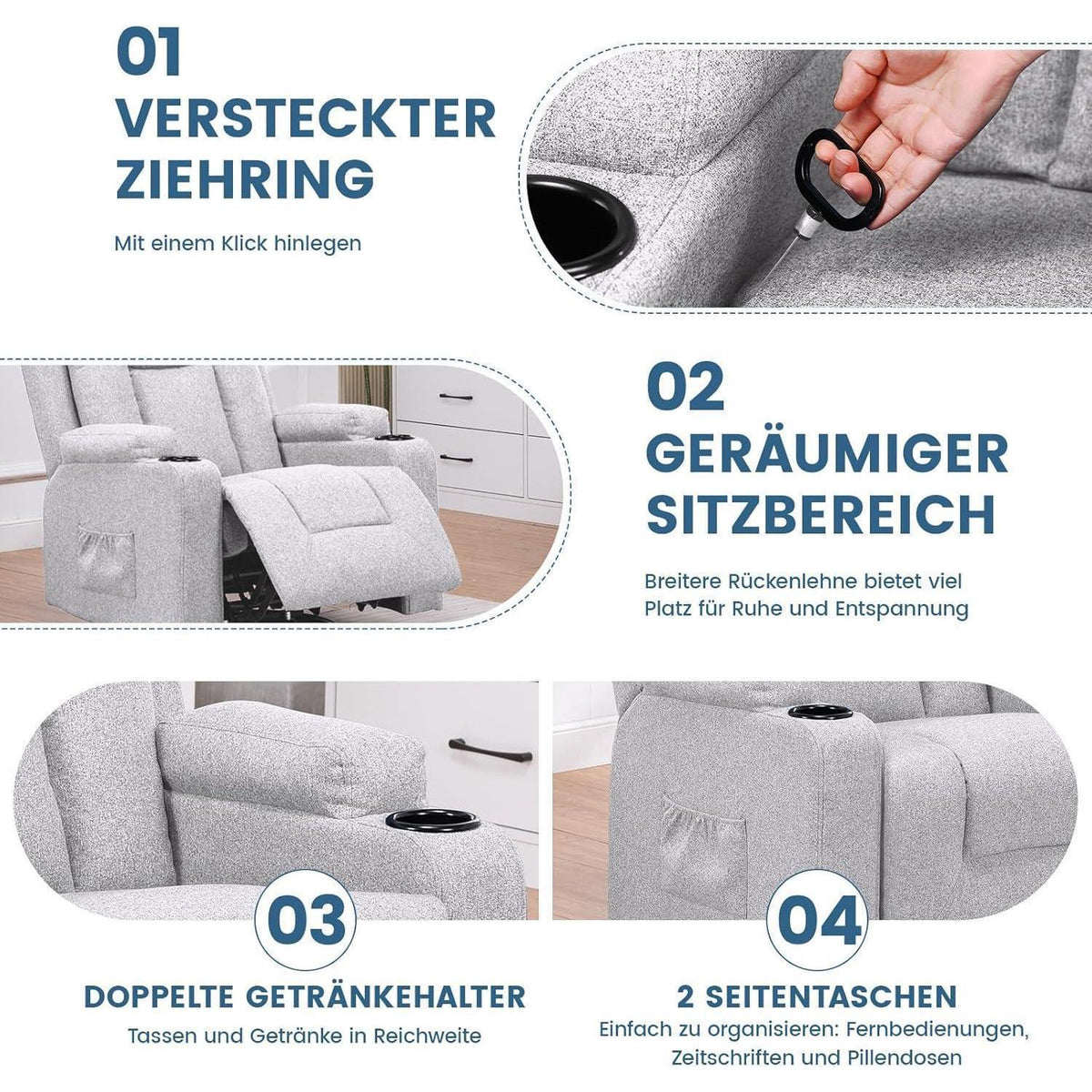 Relaxsessel mit Liegefunktion & Fußstütze – Drehbar, Hellgrau
