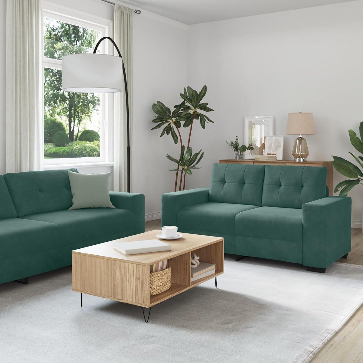 3-TLG. Samt Sofagarnitur Dunkelgrün – Modernes Wohnzimmer Set
