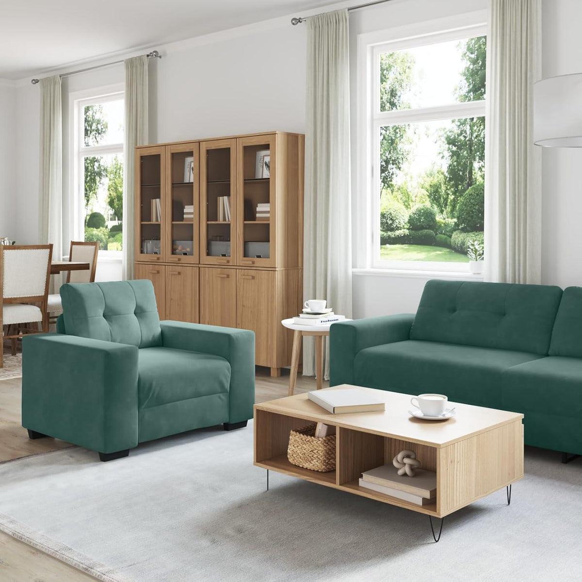 3-TLG. Samt Sofagarnitur Dunkelgrün – Modernes Wohnzimmer Set