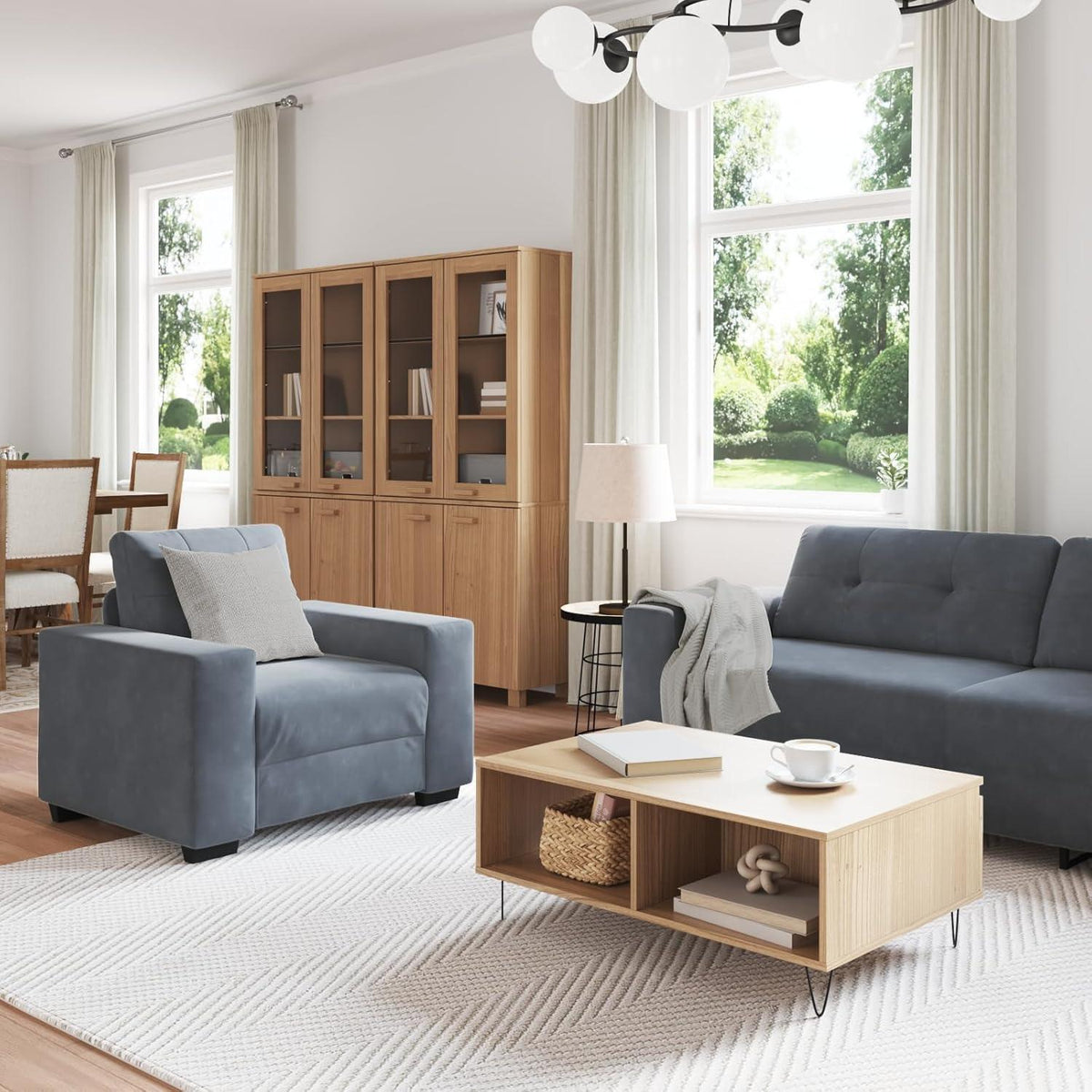 3-TLG. Samt Sofagarnitur Dunkelgrau – Wohnzimmer Set