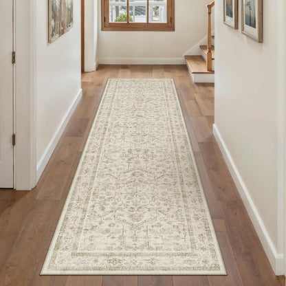 Vintage Läufer Beige 60x240cm - Waschbarer Retro Teppich für Flur
