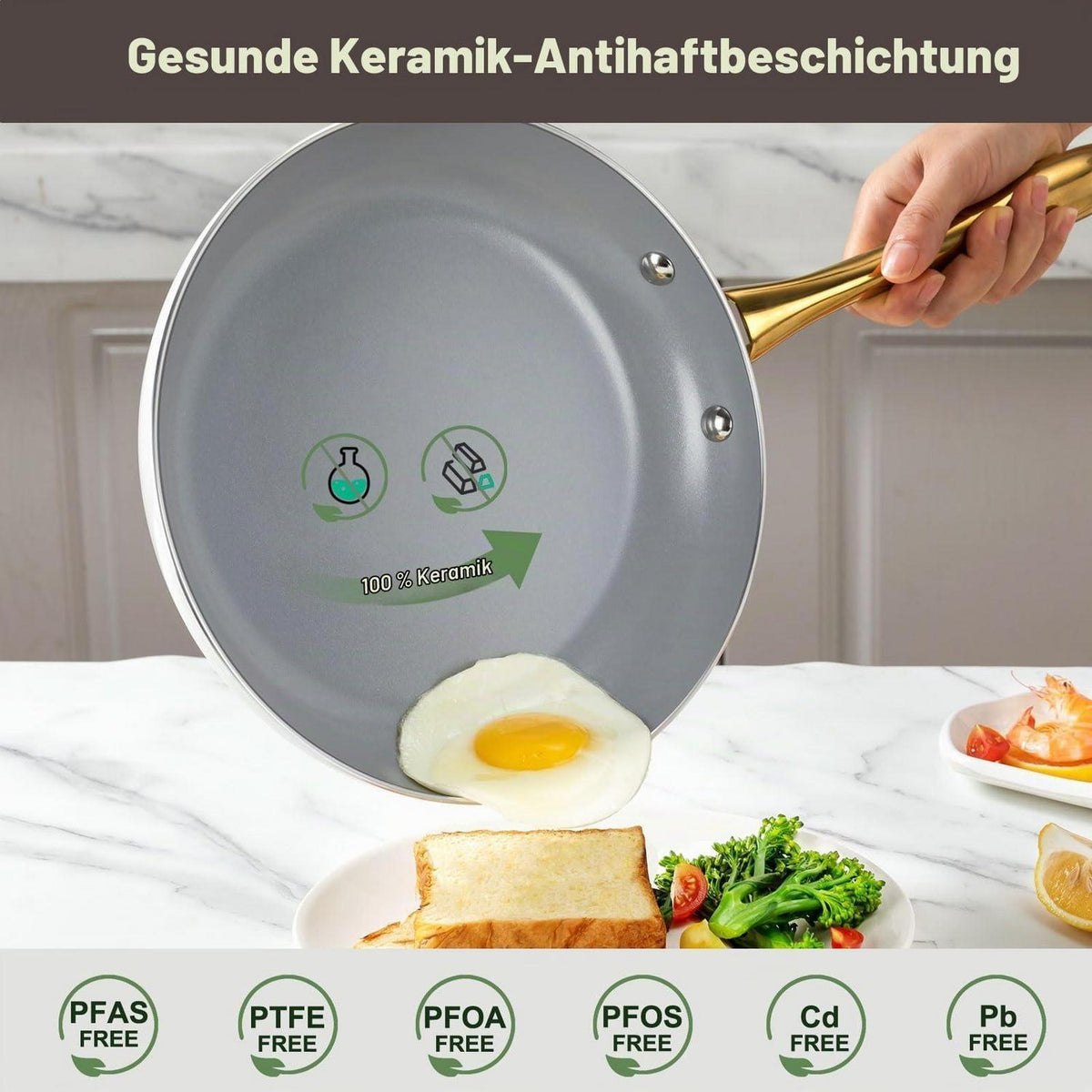Keramik Kochset 14-teilig – Antihaft, Induktionsgeeignet, Beige/Weiß Gold