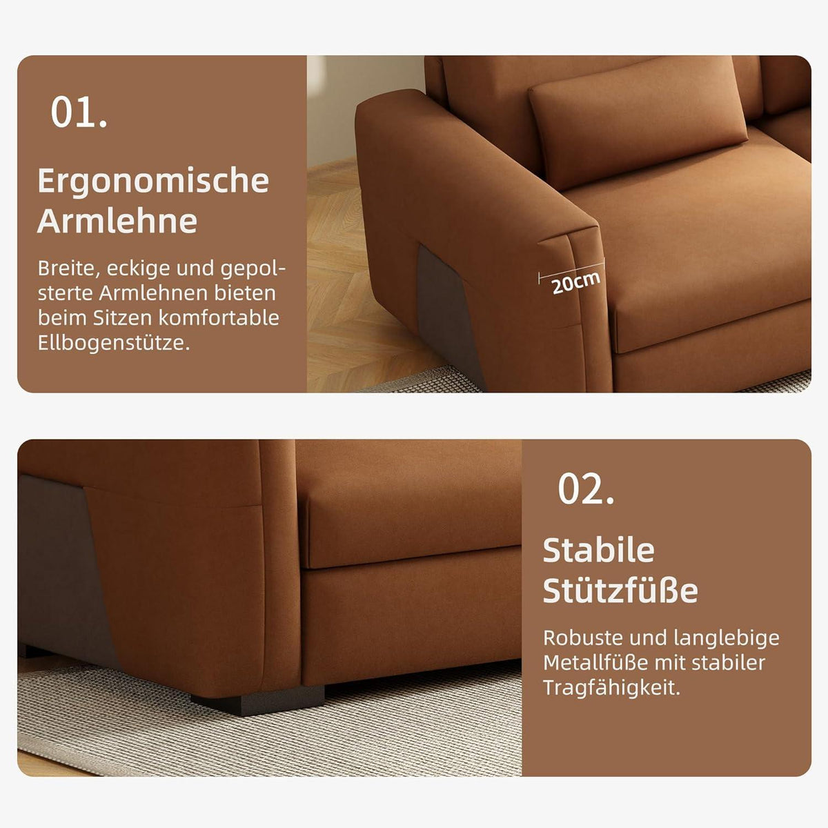 Bequemes 3-Sitzer Sofa Lederoptik 276x98x90cm Orangebraun