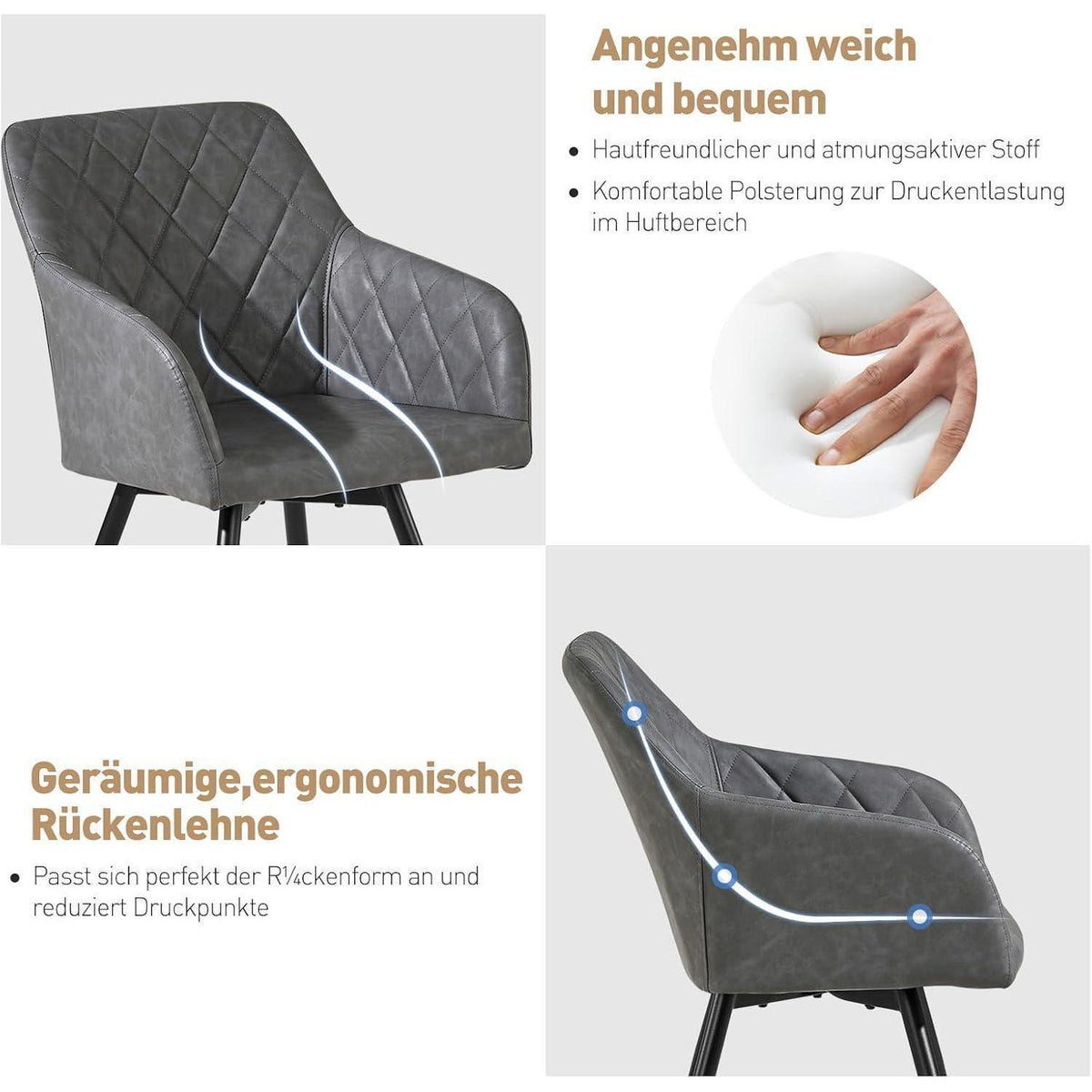 Drehbarer Esszimmerstuhl mit Armlehnen – Hellgrau (2er Set) in Lederoptik