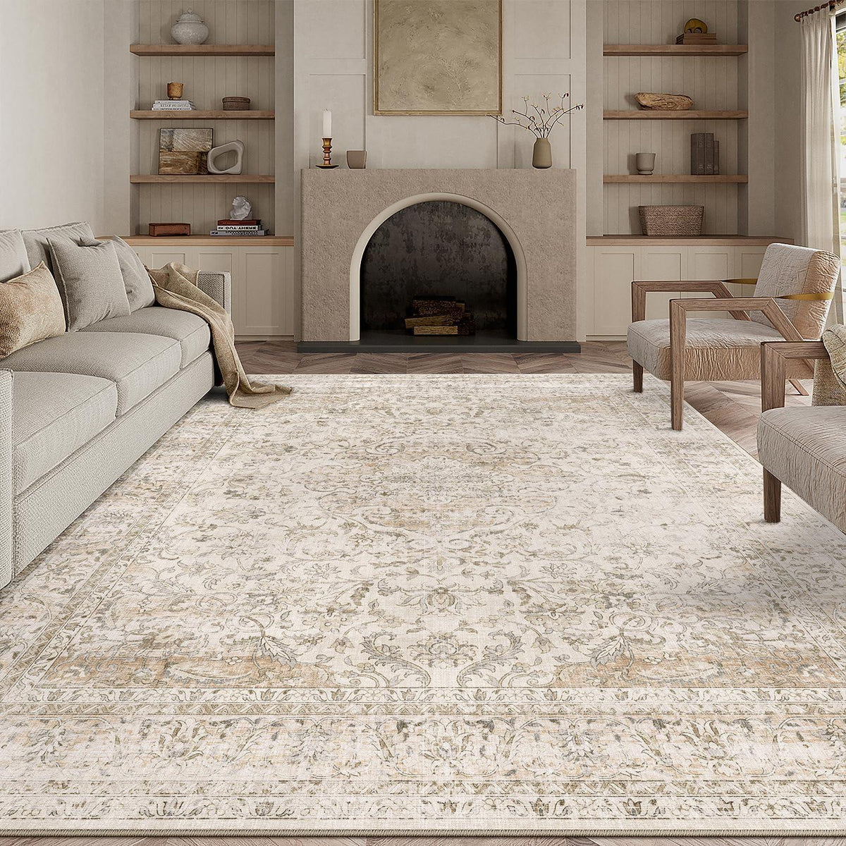 Vintage Teppich 300x400cm Beige – Waschbar & Rutschfest