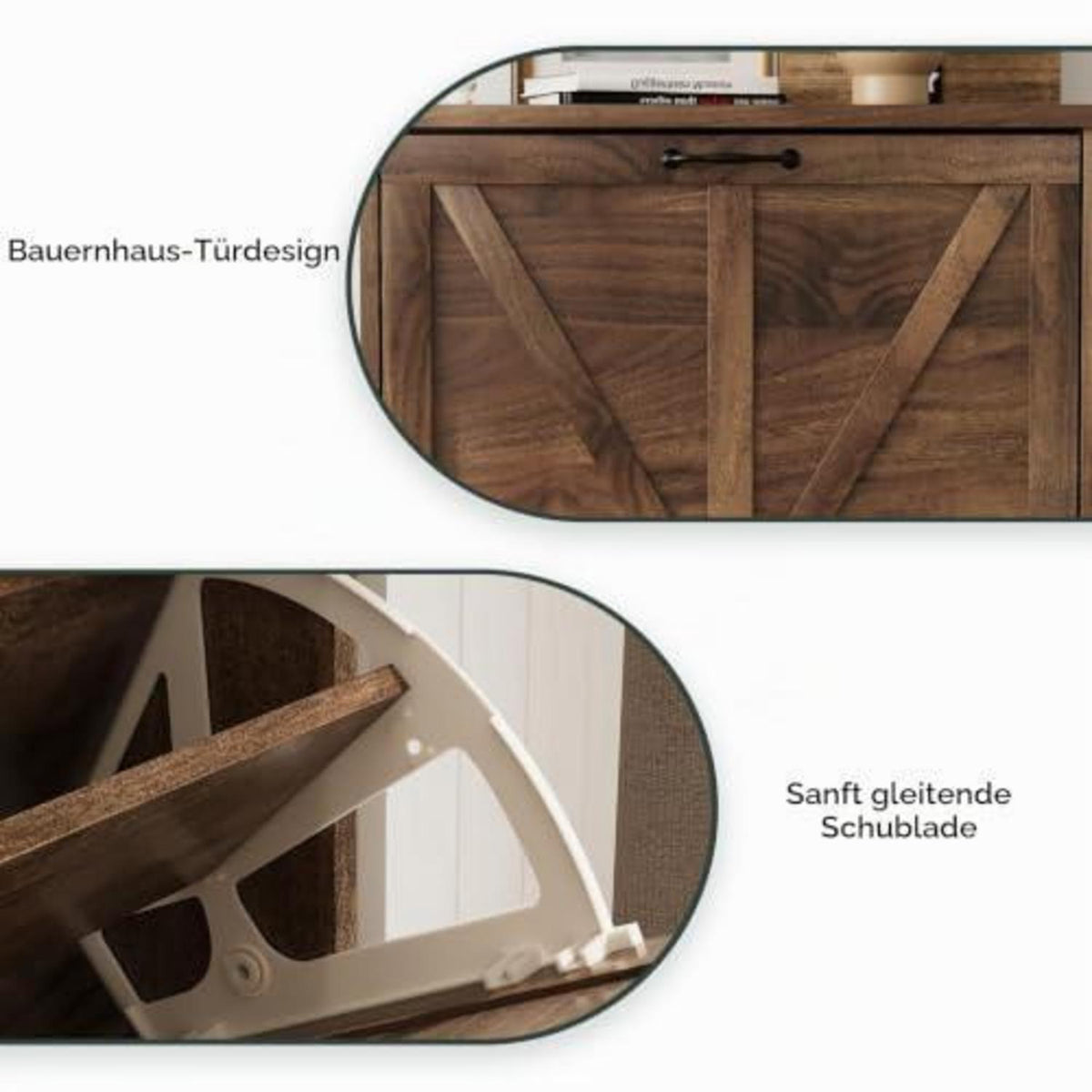 Schmaler Schuhschrank mit Klappschubladen & Trennwänden