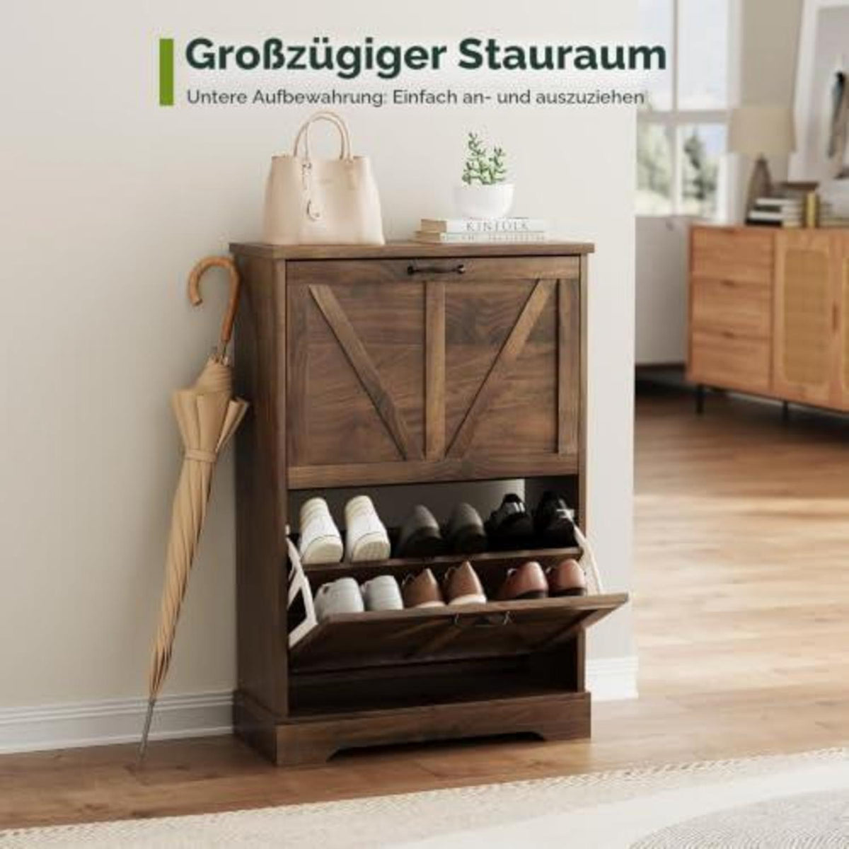 Schmaler Schuhschrank mit Klappschubladen & Trennwänden