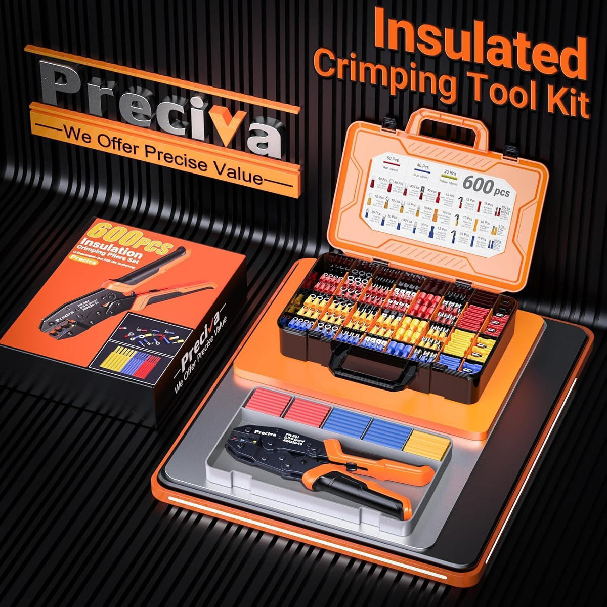 Preciva Crimpzange Set mit 600 Teilen, 0.5-6mm², Ratschen-Crimpzange mit Koffer