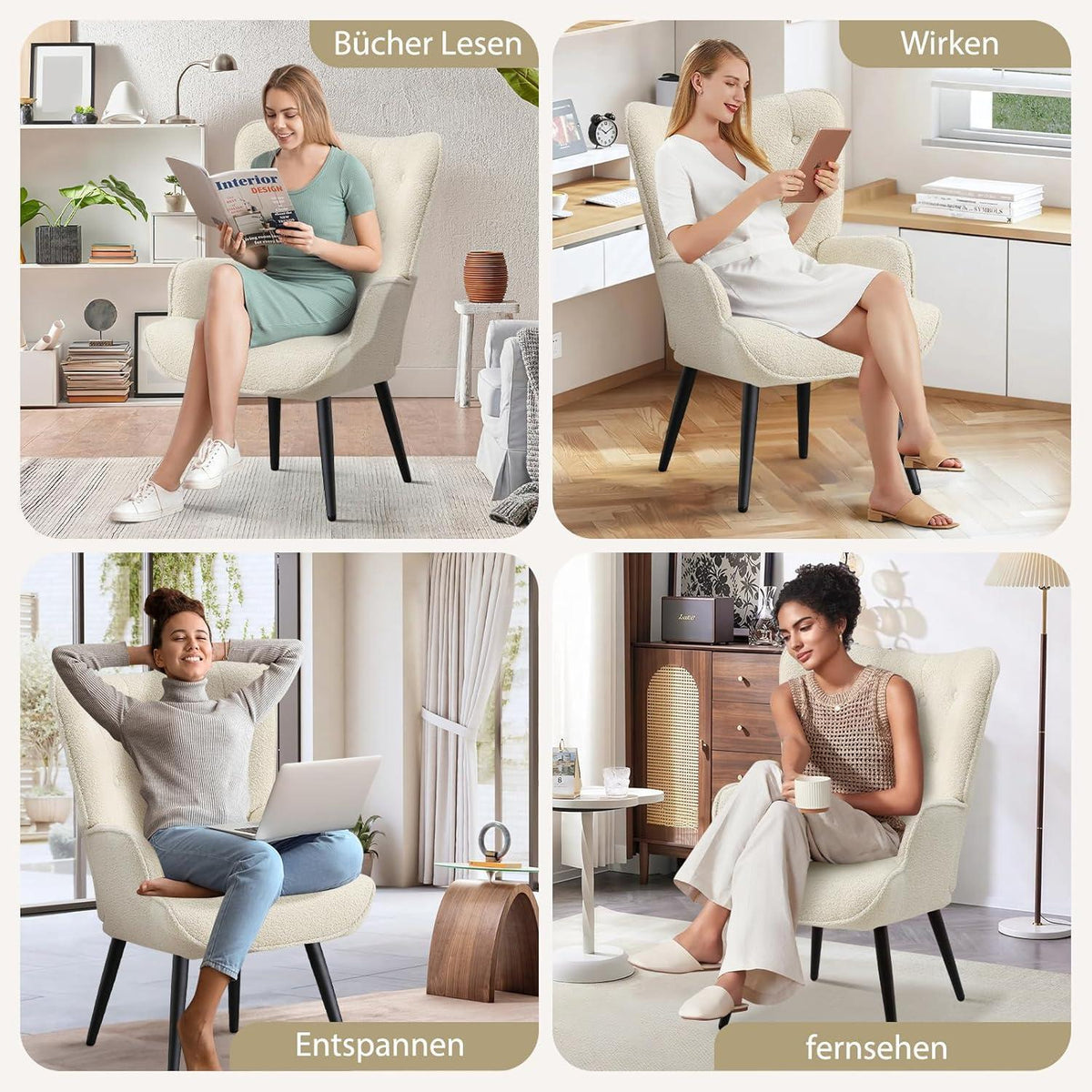 Ohrensessel 2er Set, Skandinavisch, Weiß – Bequemer Relaxsessel